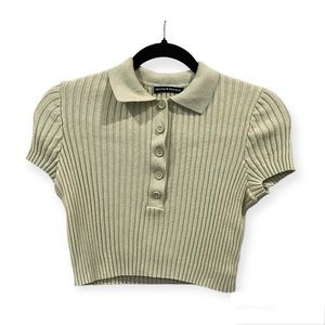 Brandy Melville Thick Ribbed Short Sleeve Collared Shirt Sage Green